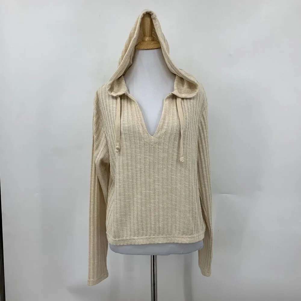 RVCA Cropped Hoodie Women L Large Beige V Neck Knit Pullover Long Sleeve Sweater